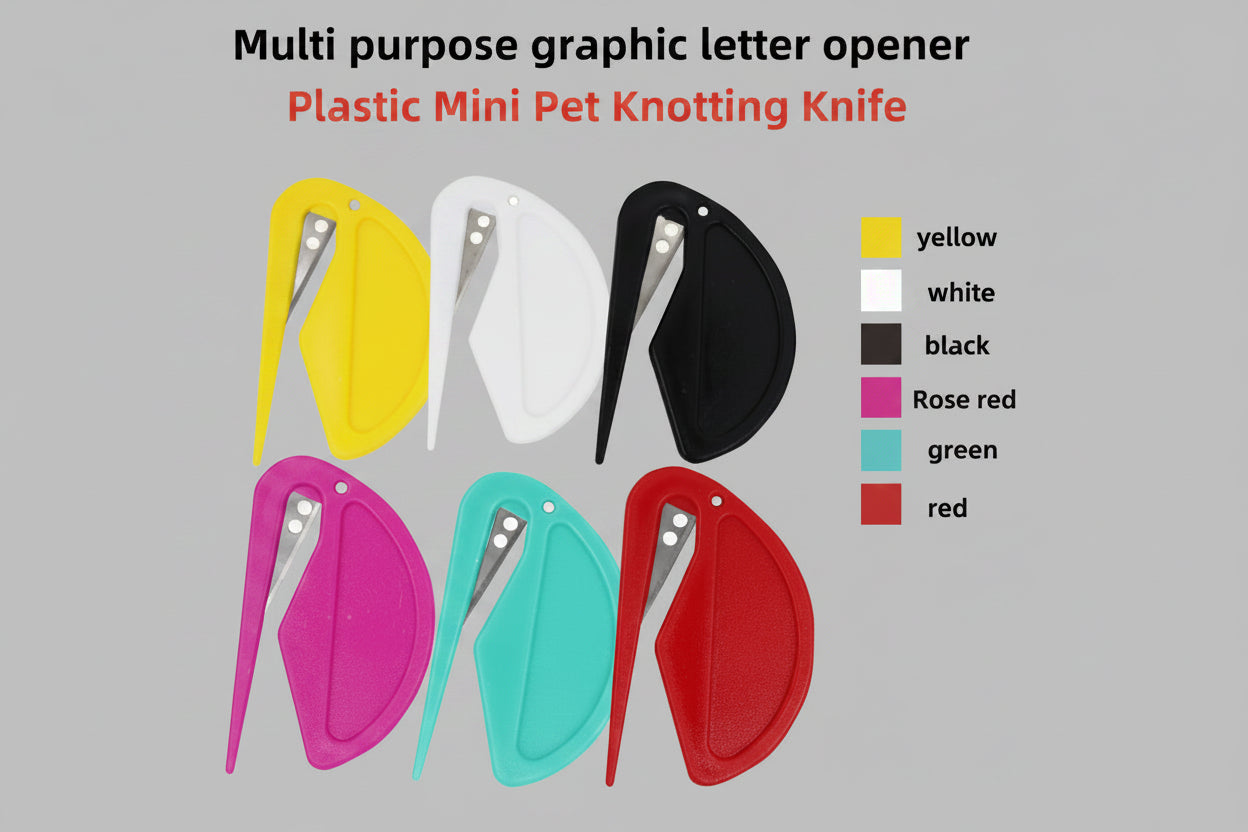 Set of plastic mini pet knotting knives in various colors on a white background.